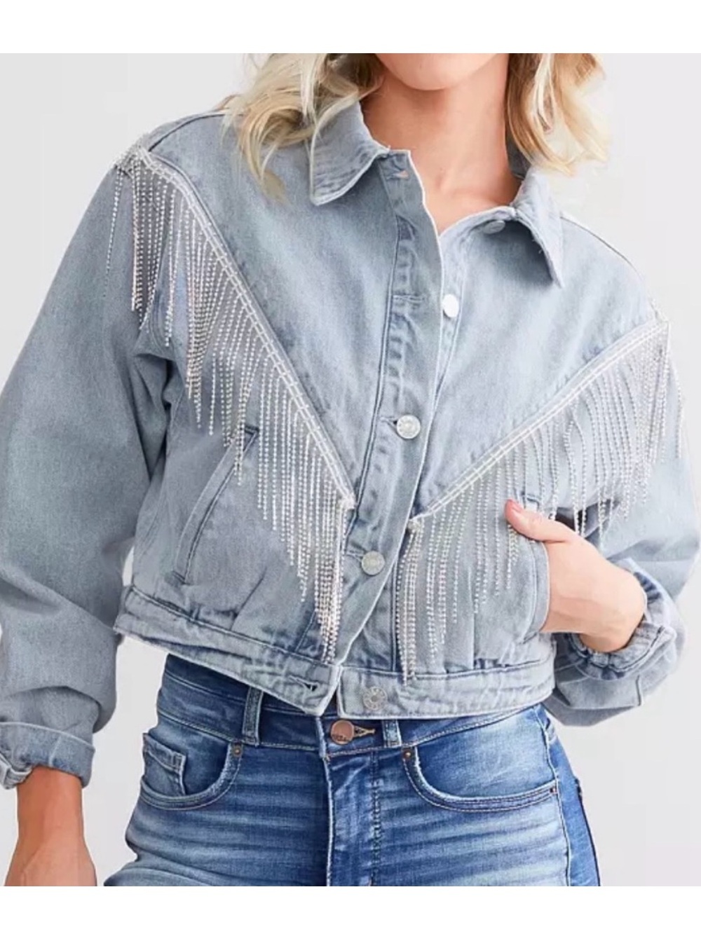 NWT Women's Light Blue Denim Rhinestone Fringe Jacket ~ Boho & Western Glam ~ M